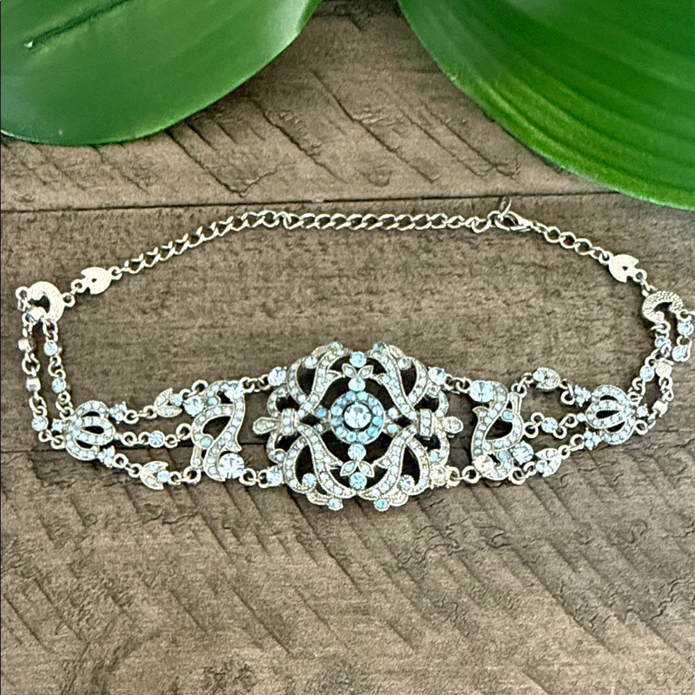 14” Elegant Silver Tone and Blue Crystal Chocker Victorian Style
